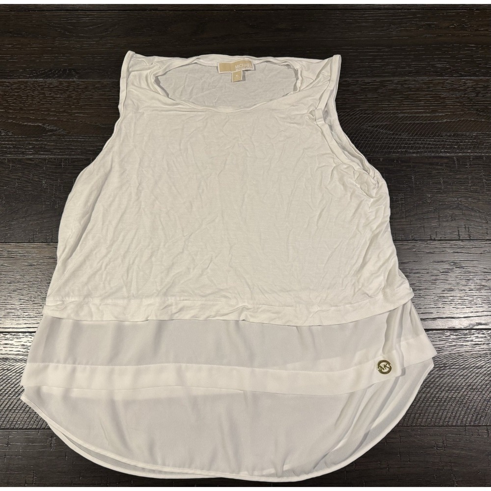 Michael Kors Woman White Sleeveless Semi-Sheer Top Silver Logo Ruffle XL
